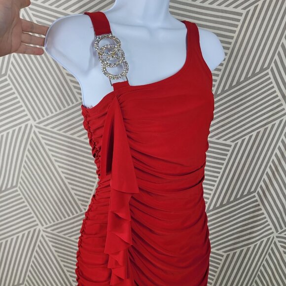 Vintage 90s Bodycon Mini Dress Medium Sexy Sheath Club Evening Red Ruched Ruffle - Picture 4 of 7